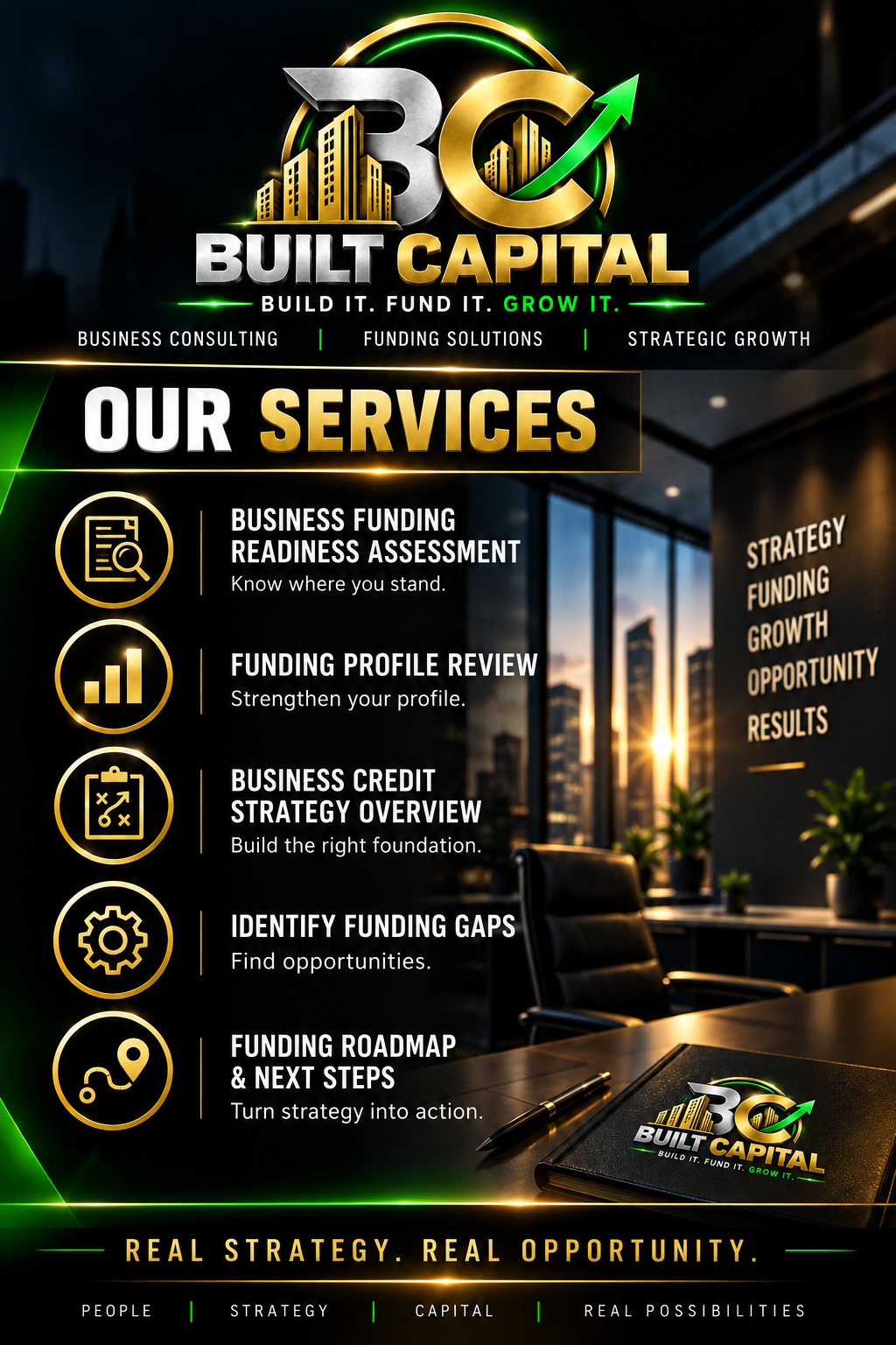 Built Capital services overview with an executive office at sunset