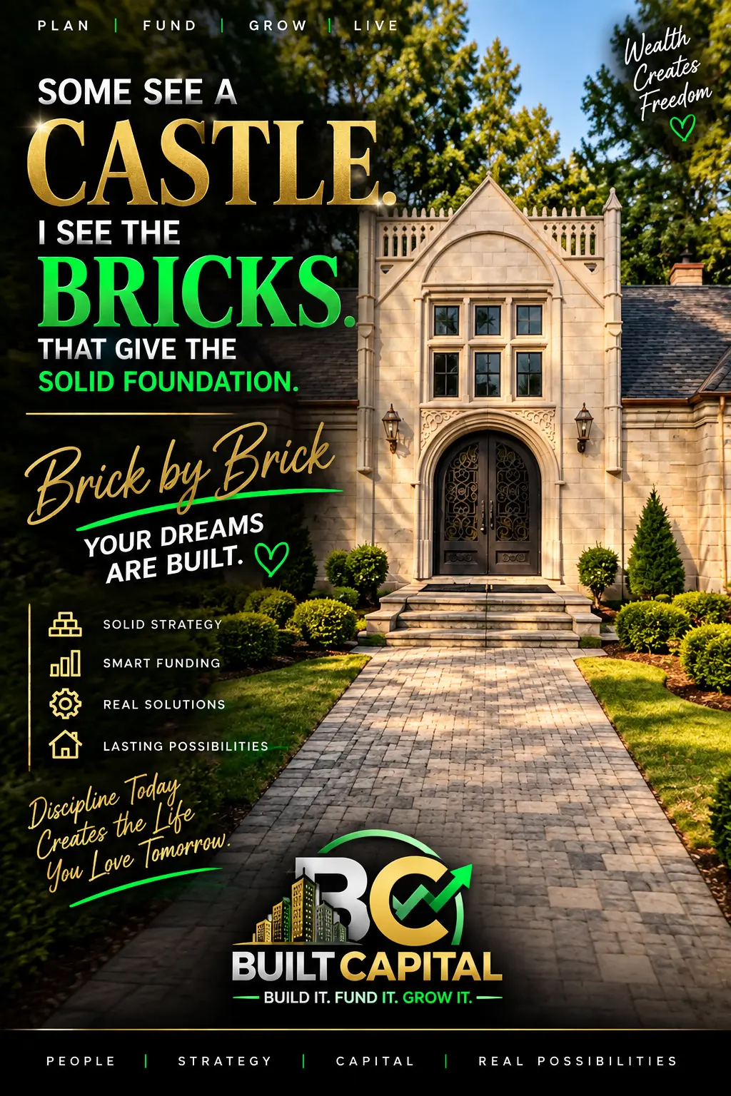 Stone estate at the end of a paved walkway